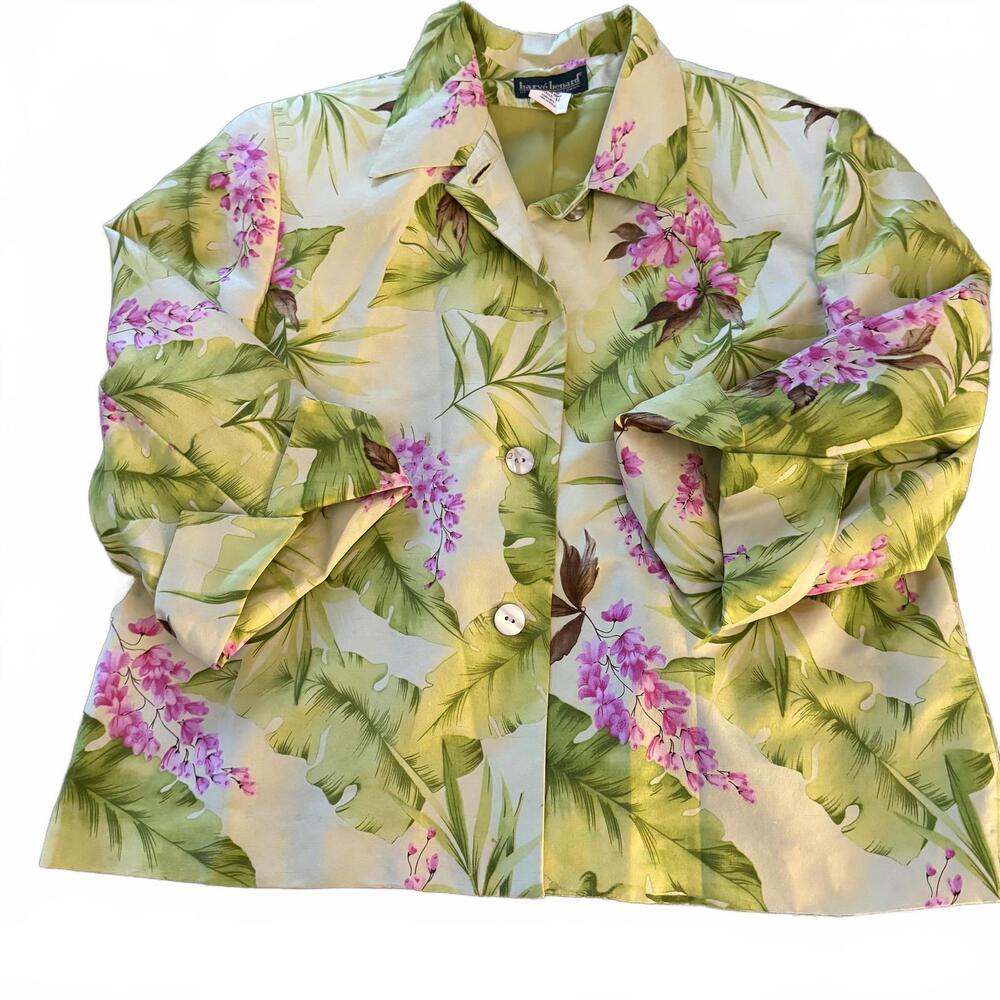 HARVE BENARD 100% Silk SZ 14 Y2K Tropical Flower Button Up Blouse Cuff‎ Sleeve